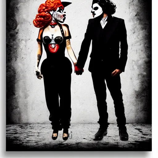 Image similar to mimmo rottela and banksy as joaquin phoenix skinny joker holding hand lady gaga harley queen, photorealistic, intricate details, pop art style, baroque, hyperdetailed, concept art