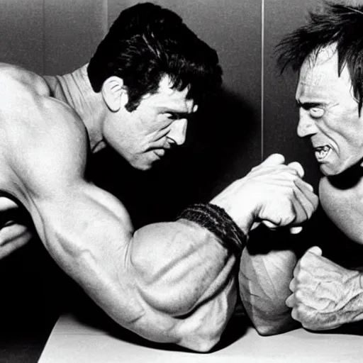 Image similar to hulk arm-wrestling with arnold schwarzenneger