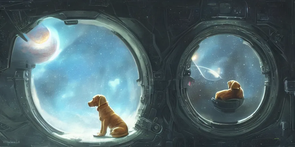 Image similar to dog, sitting sad in spaceship, gazing at view of galaxy in space through a window, by jim burns, peter andrew jones, michael hutter, sharp digital painting. dreaming latent space. matte painting, concept art. artstation. digital render.