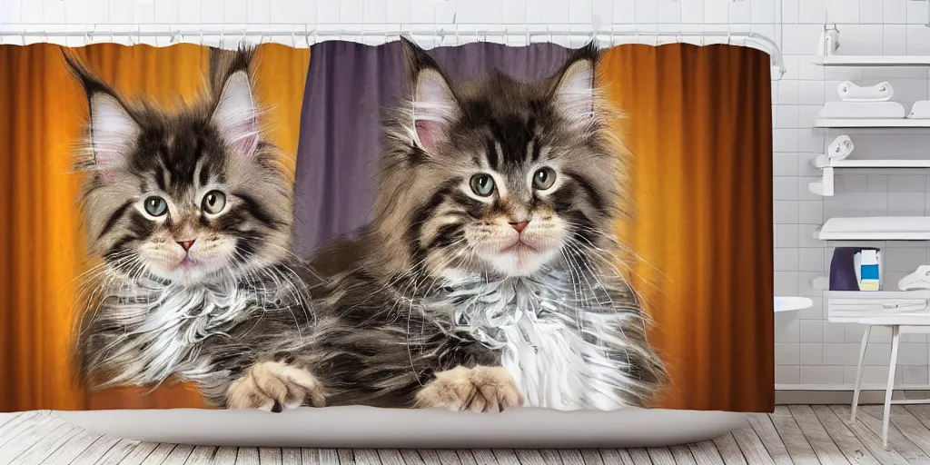 Image similar to a ( ( ( ( ( maine coon kitten ) ) ) ) ) in mandolorian ( tv ) artwork themed shower curtain, shower curtain. digital art. product photography. product lighting. 4 k, highly detailed. saturated. pixar 3 d.