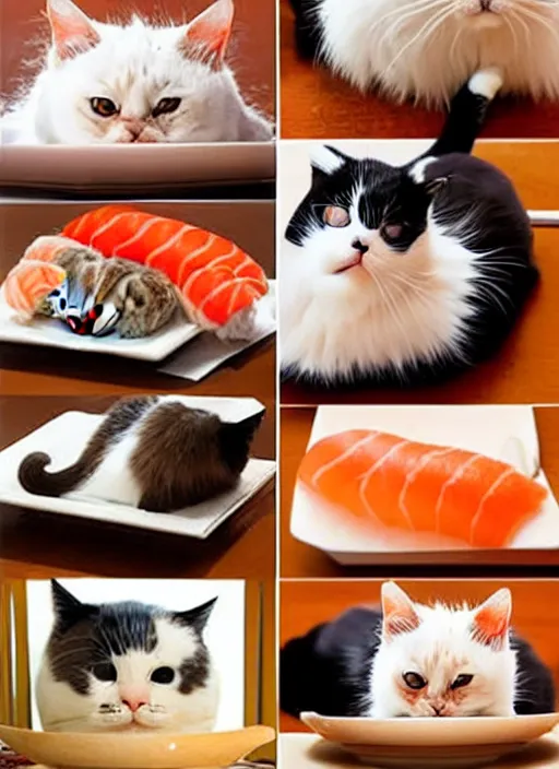 Image similar to clear photorealistic picture of adorable cats made out of sushi