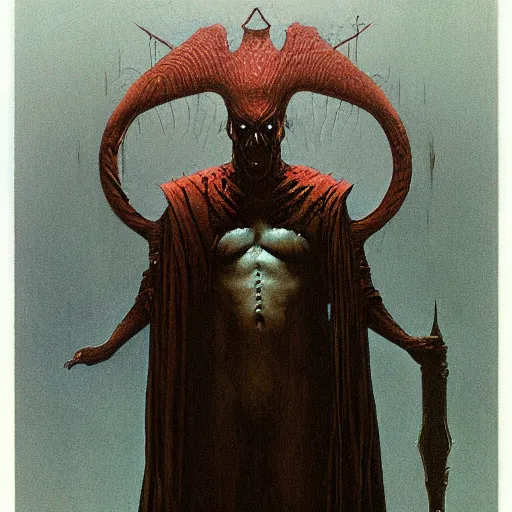 Image similar to inquisitor of Mephistopheles portrait by gerald brom and Zdzisław Beksiński, darkwave