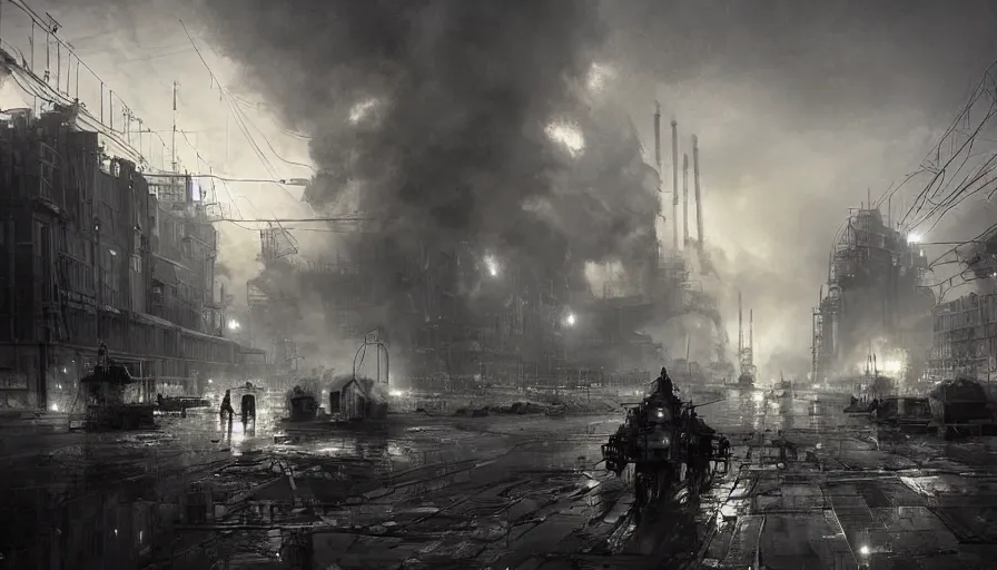 Image similar to Dieselpunk Norilsk city, Kirov reporting, steam, factory plants with dark smoke in the background, epic composition, intricate, elegant, volumetric lighting, digital painting, highly detailed, artstation, sharp focus, illustration, concept art, ruan jia, steve mccurry