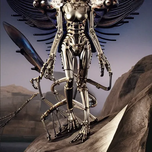 Prompt: still frame from Prometheus movie by Makoto Aida, flying biomechanical angel gynoid by giger, mimicking devil's flower mantis, metal couture by Guo pei, editorial by Malczewski and by Caravaggio