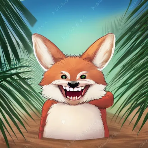 Prompt: a photorealistic adorable fierce furry monster with long fur long floppy rabbit ears chubby body and wolf body and wolf legs with thick stubby claws, Smiling at the camera with a mischievous grin, happy lighting, at a tropical beach