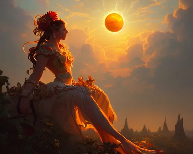 Image similar to a sunset but replace the sun for a flower , D&D, fantasy, intricate, elegant, highly detailed, digital painting, artstation, concept art, matte, sharp focus, illustration, hearthstone, art by Artgerm and Greg Rutkowski and Alphonse Mucha