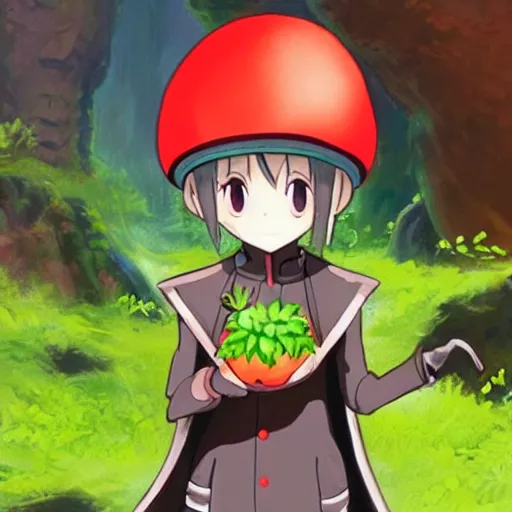 Image similar to cute android humanoid with big tomato hat and a carrot sword, made in abyss style