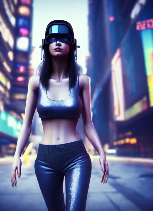Image similar to face photo of a beautiful woman walking through a ( ( ( cyberpunk city ) ) ), full body, hyper realistic, 8 k, dslr, unreal engine, highly detailed portrait