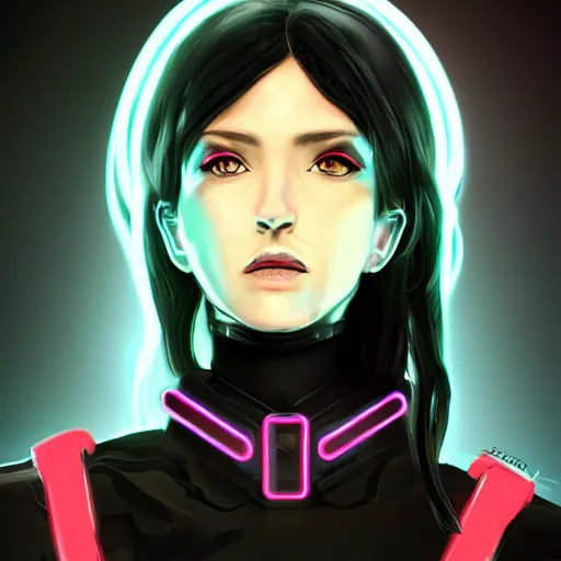 Image similar to headshot artwork of cyberpunk woman wearing thick black choker, collar on neck, realistic, artstation, neon,