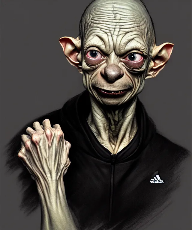 Prompt: a detailed fifty mm portrait of gollum in a black adidas track suit, caricature, highly detailed, digital painting, artstation, concept art, sharp focus, cinematic lighting, illustration, art by met mangindaan, artgerm and greg rutkowski, alphonse mucha, cgsociety