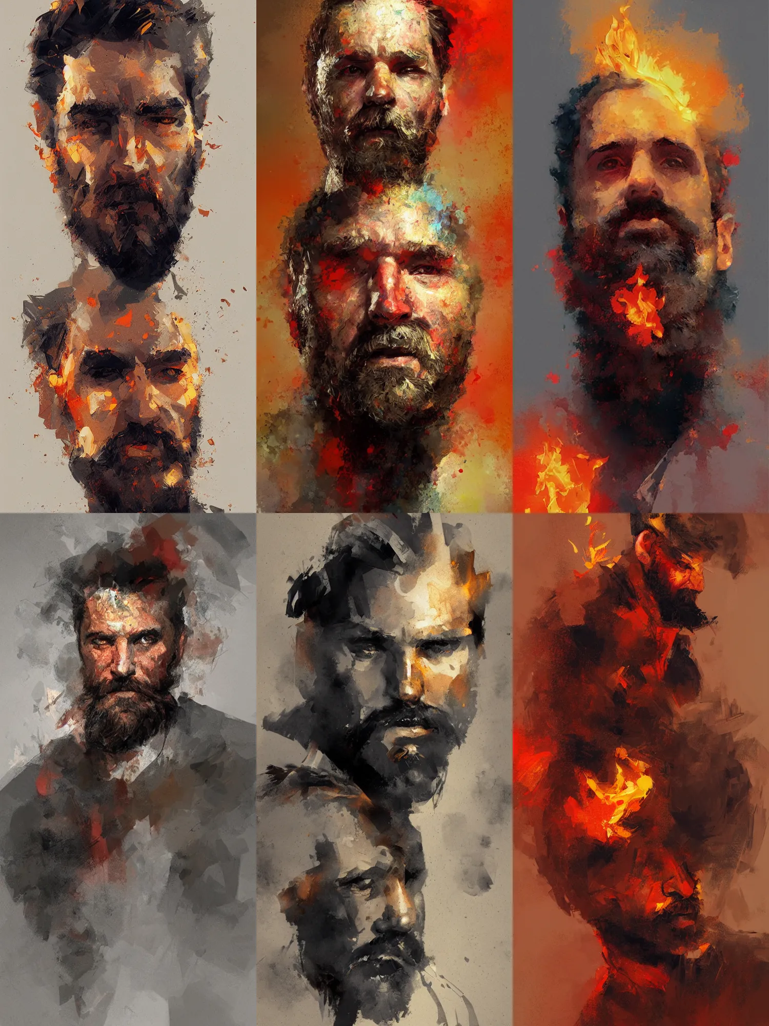 Prompt: abstract painting of man on fire, handsome. Bearded. by craig mullins, featured on artstation. Portrait. Soviet era pose