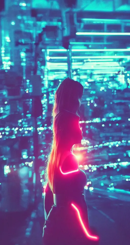 Image similar to hyperrealism, women, city, neon lights, glow, sunset, atmospheric, cinematic, retrowave style,