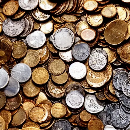 Image similar to An enormous treasure trove filled with several piles of coins in gold, silver and copper, wide shot, ultra-high definition, 4K, museum quality photo