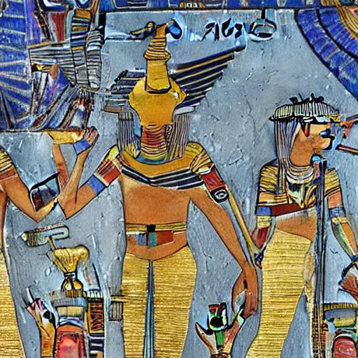 Prompt: the annunaki have returned to an egypt landscape wearing space suits with egyptian pharaoh head - dresses and breathing hoses that look like elephant trunks - vibrant, alien - looking, cyborg, detailed, photo - realism