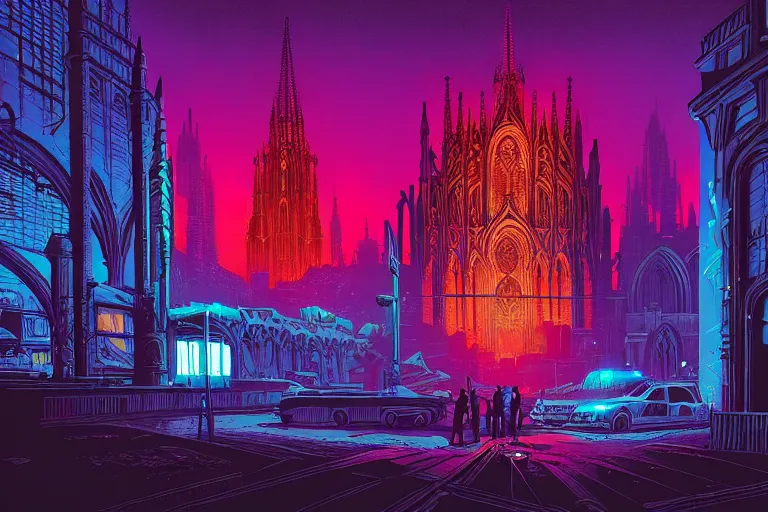 Prompt: a gothic cathedral dan mumford and josan gonzalez and simon stalenhag, cyberpunk, police drones, neon signs