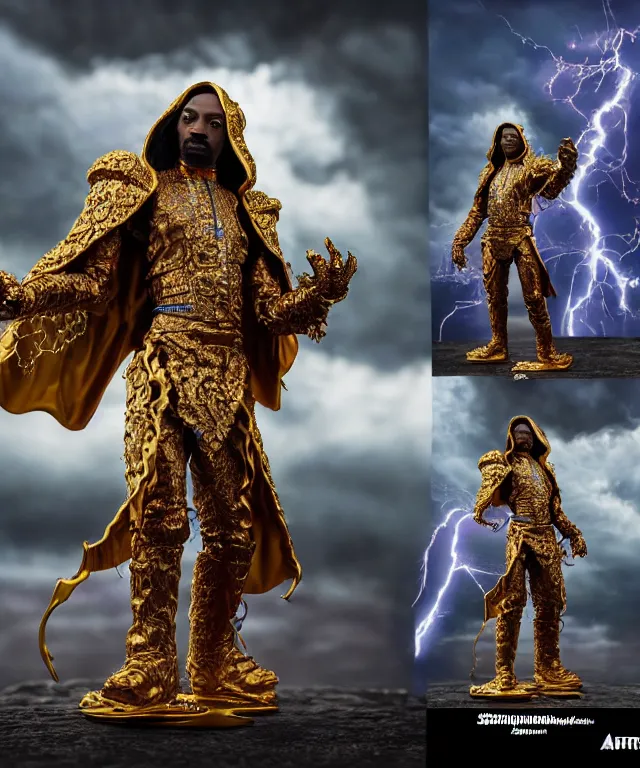 Image similar to hyperrealistic rendering, epic boss battle, ornate supreme snoop dogg, jewel crown, battle armor, by art of skinner and richard corben and artgerm and greg rutkowski and alphonse mucha, product photography, action figure, sofubi, storm clouds, outside, lightning