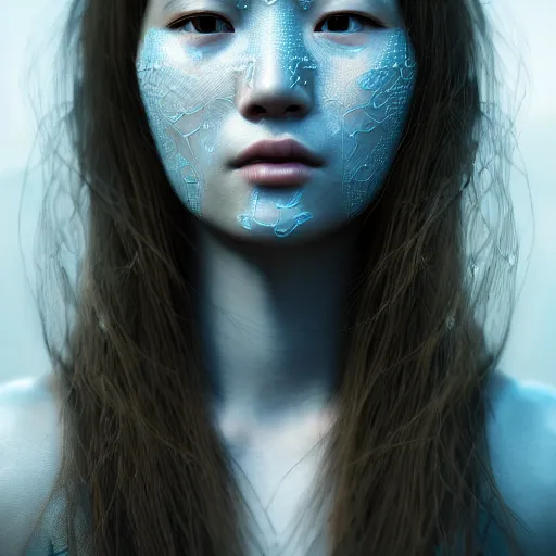 Image similar to intricate highly detailed face portrait of asian - european woman, light blue metal vines on her face, intricate, cgsociety, unreal engine, octane render, sharp focus, smooth, volumetric lighting, cinematic composition, artstation