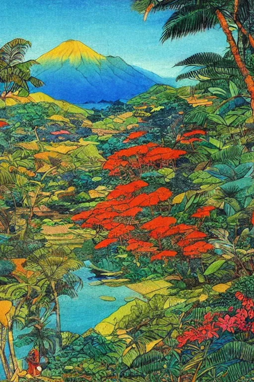 Image similar to a 2D drawing of a beautiful Philippine landscape, colorful and exotic by hiroshi yoshida