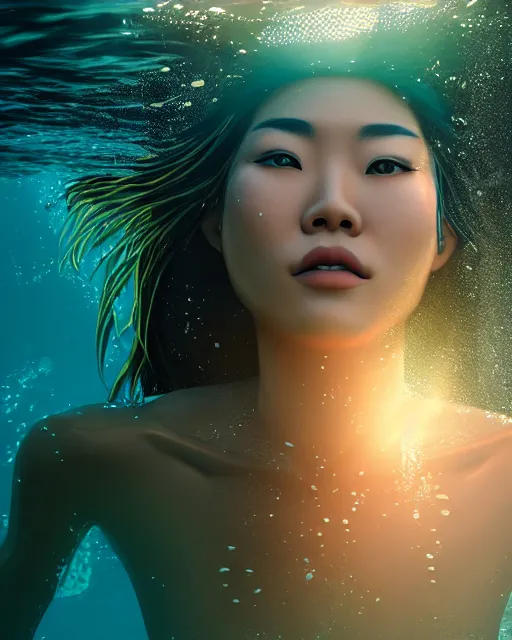 Prompt: photorealistic portrait of asian woman underwater during sunrise, sunrays, aquaman aesthetic, caustics, rippling water, photoshoot, long flowing hair, haunting eyes, iconic, fine-art, masterpiece, cinematic, trending on artstation