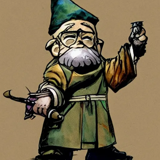 Prompt: Gnome Alchemist dressed like a mobster from the ant hill mob on Wacky Races, drawn by Yoji Shinkawa, water color, Dungeons and Dragons, Wizards of the Coast