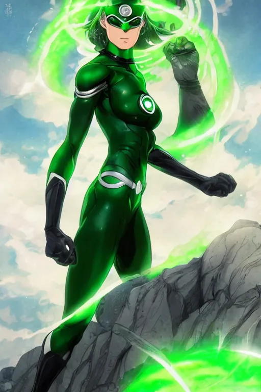 Image similar to anime key visual of a beautiful young female green lantern!! intricate, green and black suit, glowing, powers, dc comics, cinematic, stunning, highly detailed, digital painting, artstation, smooth, hard focus, illustration, art by artgerm and greg rutkowski and alphonse mucha