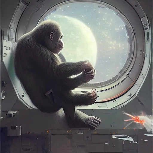 Prompt: an ape inside a spacecraft going to the moon by greg rutkowski and thomas kinkade, trending on artstation, 3 d art station