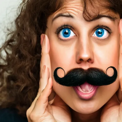 Image similar to a surprised woman with a moustache looks at the camera