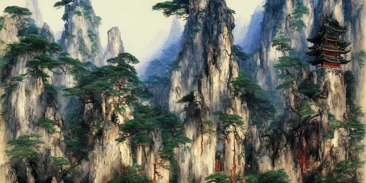 Prompt: the taoist temples of huangshan, artwork by thomas moran