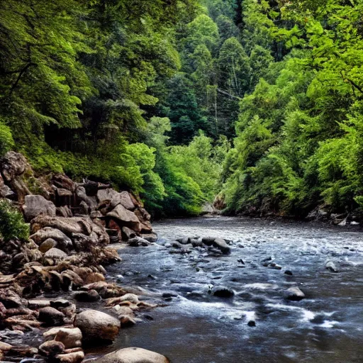Prompt: a beautiful landscape, river, rocks, trees, cinematic, masterpiece