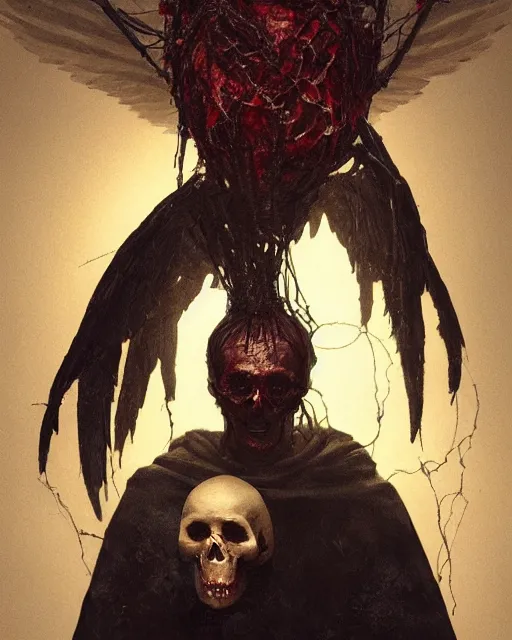 Image similar to an angel with a skull made of meat and webs for the head, organic painting, dark, bold shapes, by greg rutkowski, by satoshi kon, by caravaggio, trending on artstation, dramatic lighting, horror, blood, god rays angelical