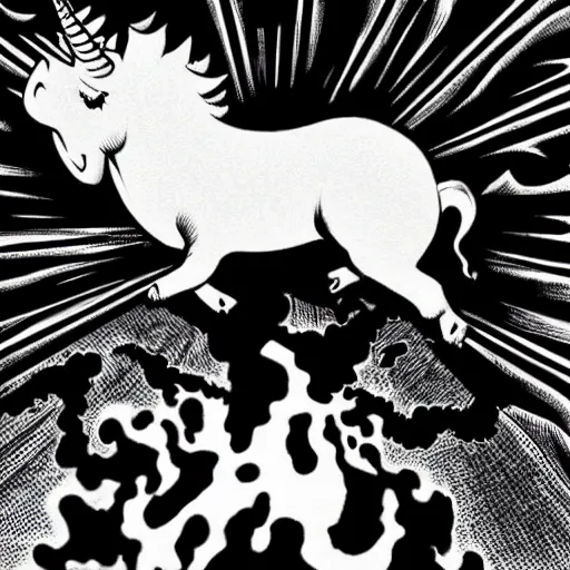 Prompt: winged flying pig with unicorn horn richard corben style black and white