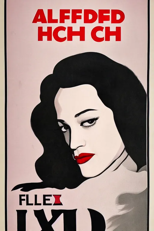 Prompt: An poster for an Alfred Hitchcock Pulp Noir film featuring a portrait of featuring Kat Dennings looking at camera, medium close up