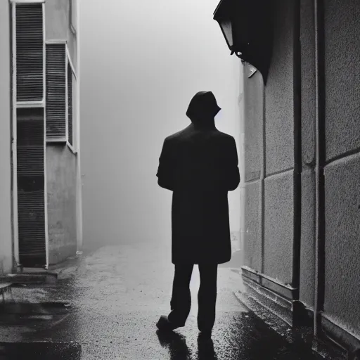 Image similar to 35mm, dark pale man standing in front of alley, streetlight, rain, eldritch, high definition