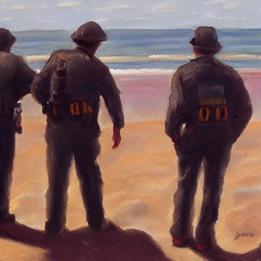 Image similar to dea arresting drug dealers on a beach, oil painting, very detailed, 4 k
