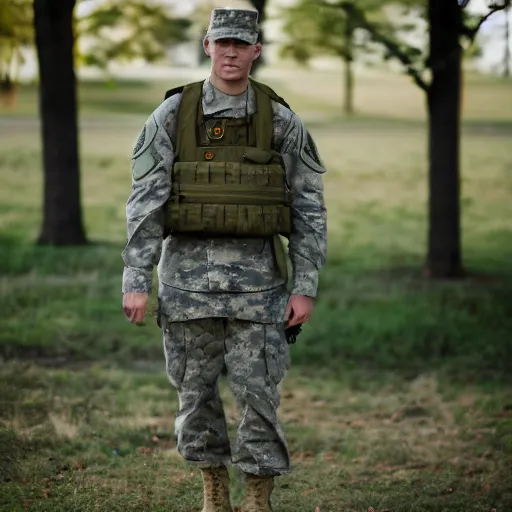 Image similar to a fox animal dressed in a modern american military soldier uniform, 8 5 mm f / 1. 4