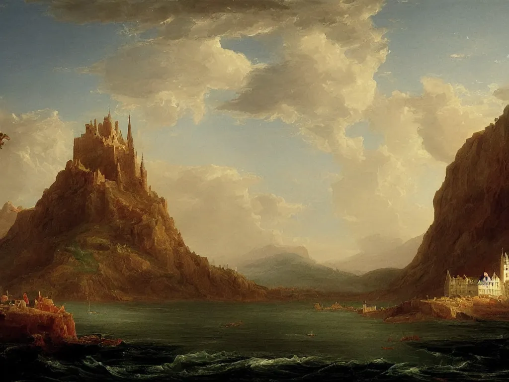 Prompt: a landscape painting of a castle on the ship, by Thomas Cole