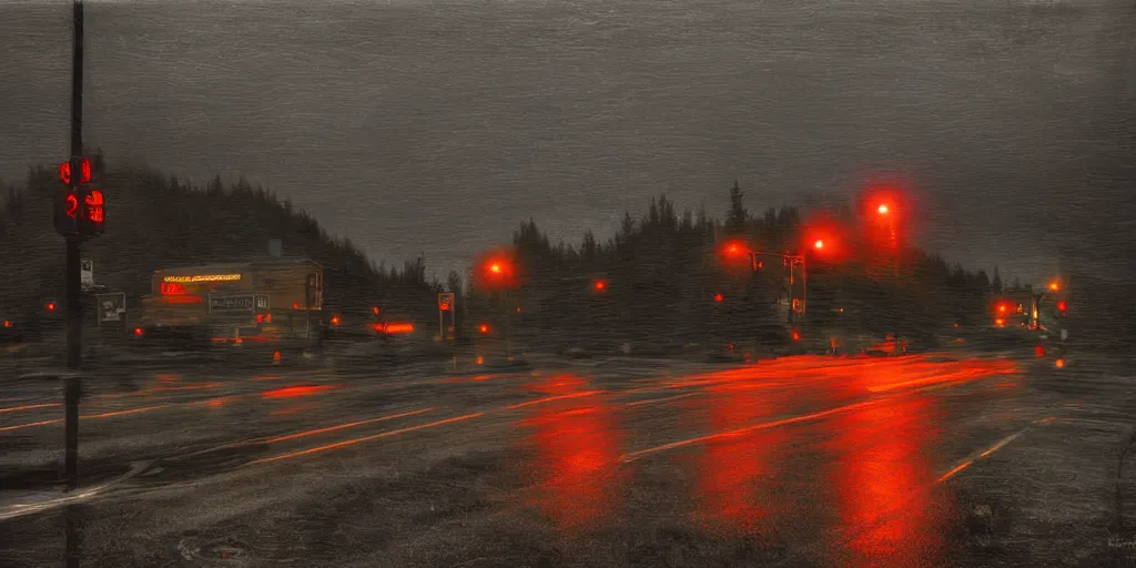 Prompt: painterly, messy, ominous landscape of north bend, washington main street, dark, lonely stop light glowing, twin peaks, lone dark figure