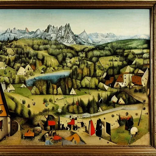 Prompt: a highly detailed and realistic landscape by Pieter Bruegel the Elder of the austrian alps