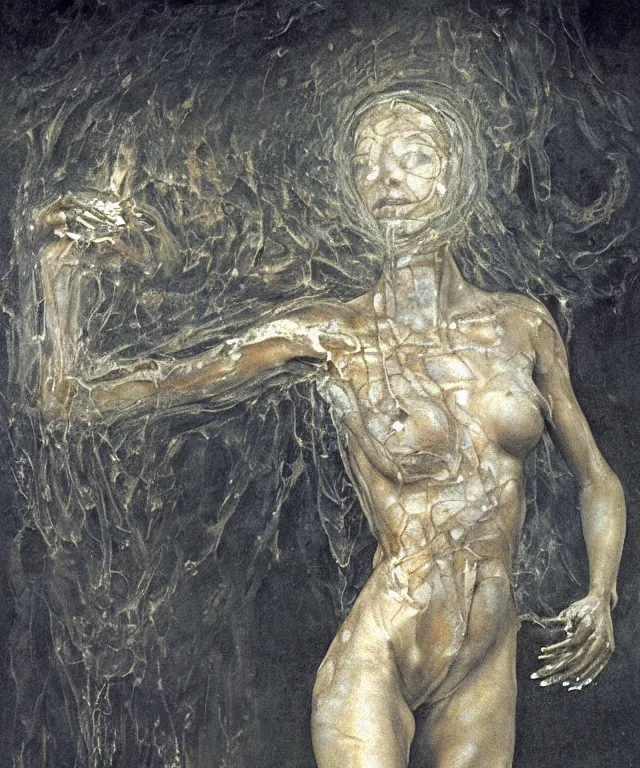 Image similar to Beautiful full-body wax sculpture of glowing transparent woman with visible bones covered with melted white candle wax inside the singularity where stars becoming baroque folds of dark matter by Michelangelo da Caravaggio, Nicola Samori, William Blake, Alex Grey and Beksinski, dramatic volumetric lighting, highly detailed oil painting, 8k, masterpiece