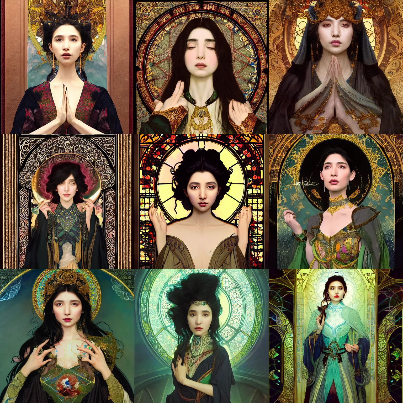 Prompt: masterpiece head-on symmetrical centered painted portrait, Mahira Khan as a D&D wizard mage, black hair, no hands, ornate mage robes, glowing stained glass backdrop, elegant, in the style of Ruan Jia and Edgar Maxence and Ross Tran and Alphonse Mucha and Ayami Kojima and Charlie Bowater and Greg Rutkowski and Karol Bak and Jean Delville, Art Nouveau, Pre-Raphaelite, Neo-Gothic, 8k, specular highlights, octane render