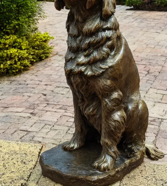 Image similar to a 4 k photorealistic photo medium shot of a bronze statue of a golden retriever.