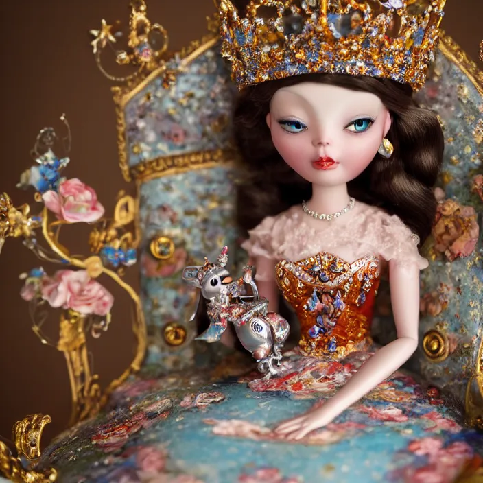 Prompt: closeup portrait of tin toy fairytale princess sitting on a throne wearing a crown eating cakes, depth of field, zeiss lens, detailed, symmetrical, centered, fashion photoshoot, by nicoletta ceccoli, mark ryden, lostfish, breathtaking, 8 k resolution, extremely detailed, beautiful, establishing shot, artistic, hyperrealistic, octane render