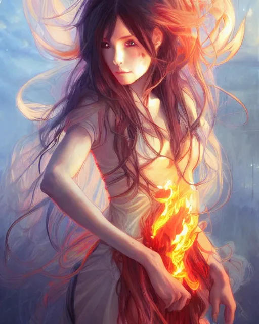 Image similar to beautiful long haired anime girl, fire dress, portrait, flames everywhere, highly detailed, digital painting, artstation, concept art, smooth, sharp focus, illustration, art by artgerm and greg rutkowski and alphonse mucha