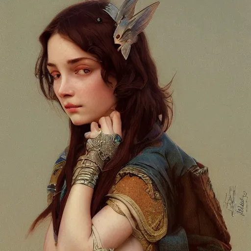 Image similar to concept art, portrait of beautiful lightly freckled and unusually attractive female, intricate, elegant, highly detailed, my rendition, digital painting, artstation, concept art, smooth, sharp focus, illustration, art by greg rutkowski and alphonse mucha and uang guangjian and gil elvgren and sachin teng, symmetry!!