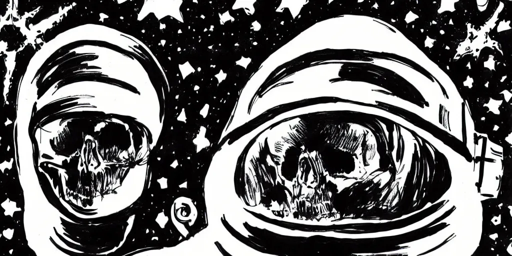 Image similar to ink portrait of a skull wearing a space helmet, chinese brush pen illustration, scifi, big clouds visible in the background, stars in the sky, high contrast, deep black tones