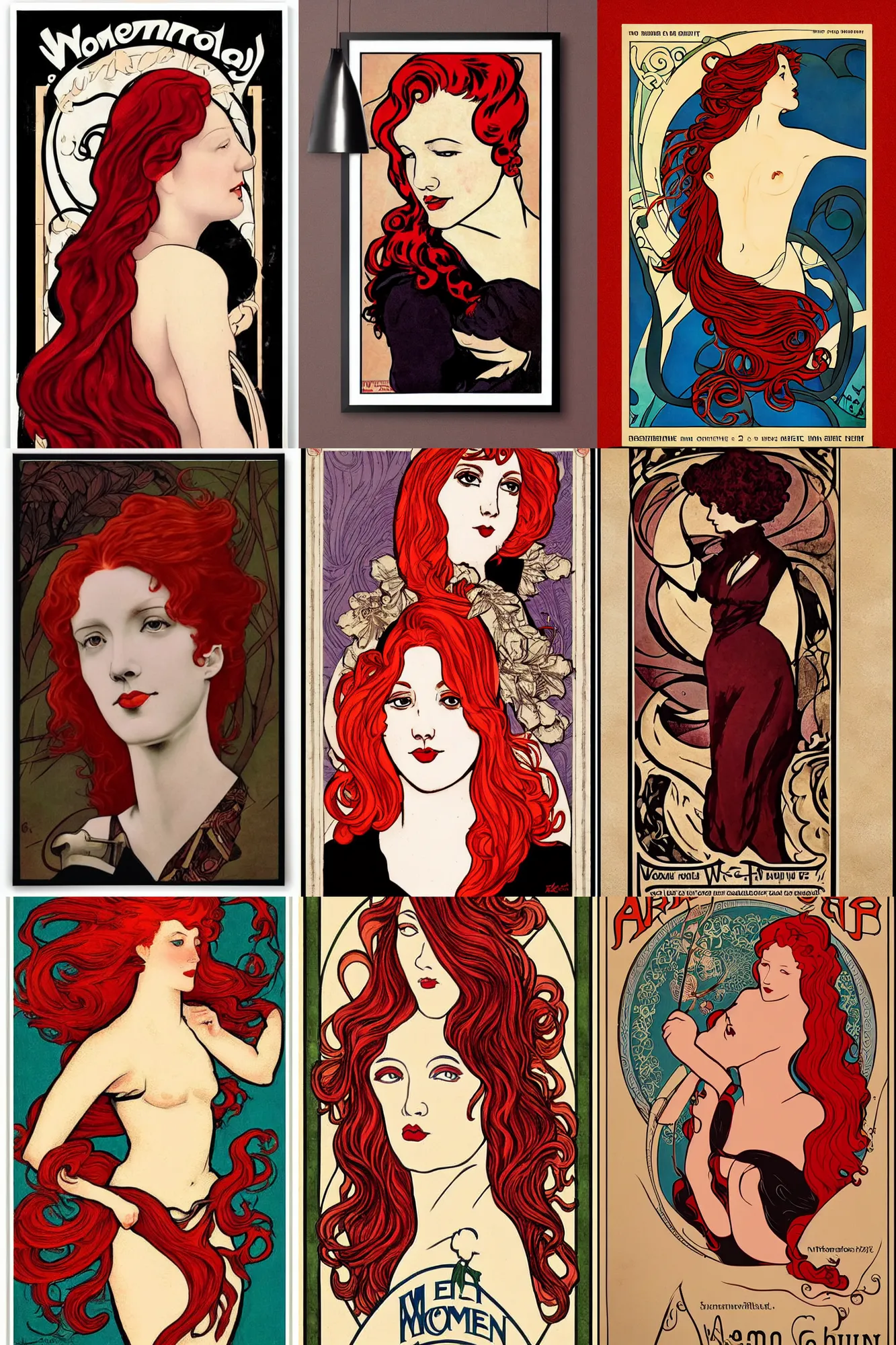 Prompt: Woman with red hair, art nouveau poster