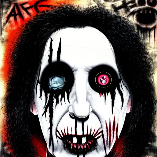 Prompt: graphic illustration, creative design, alice cooper as marilyn manson, biopunk, francis bacon, highly detailed, hunter s thompson, concept art, mixed media