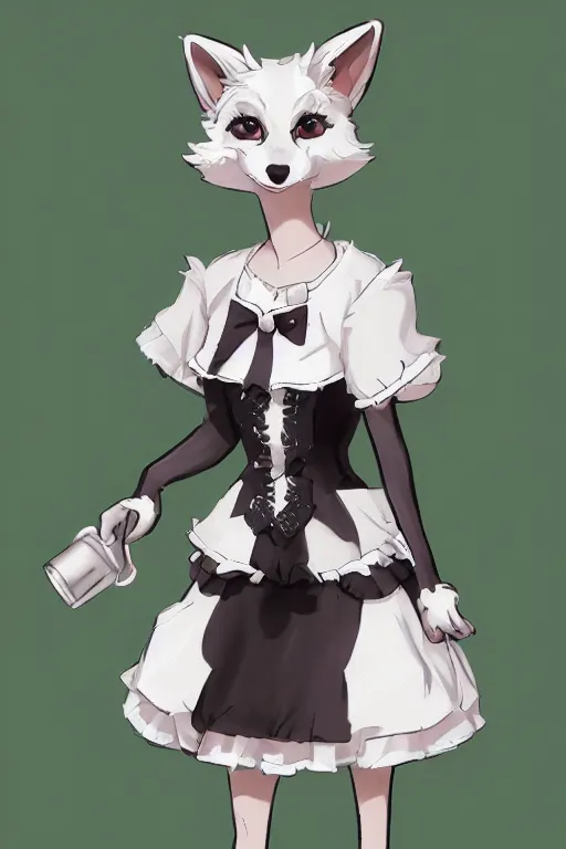 Image similar to a fox fursona wearing a maid outfit, highly detailed, digital art, trending on artstation, furry art