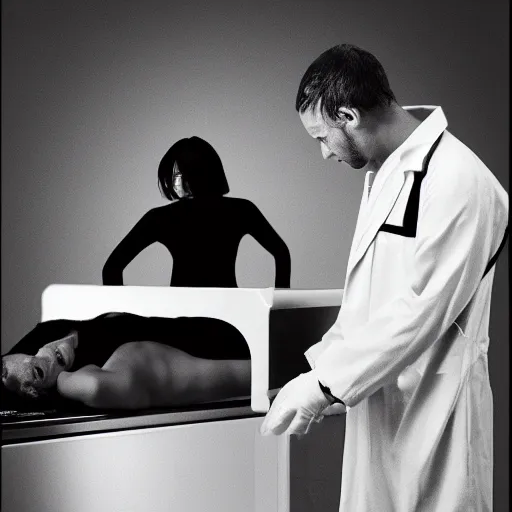 Prompt: perfume ad man on morgue, night, black, noir, tv commercial