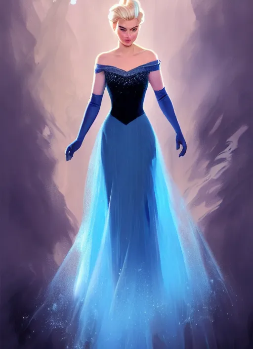 Prompt: Grace Kelly with Dark Blue Hair as Elsa from Frozen, western, D&D, fantasy, intricate, elegant, highly detailed, digital painting, artstation, concept art, matte, sharp focus, illustration, art by Artgerm and Greg Rutkowski and Alphonse Mucha, disney, masterpiece, stunning, artstation